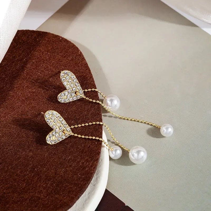 Flexible Heart Top Crystal Earrings, Hollow Heart Drop Earrings, Adjustable Pearl Tassel Ear Jewellery, Luxury Long Simulation Pearl Earrings For Women Flexible Heart Top Crystal Earrings, Hollow Heart Drop Earrings, Adjustable Pearl Tassel Ear Jewellery, Luxury Long Simulation Pearl Earrings For Women